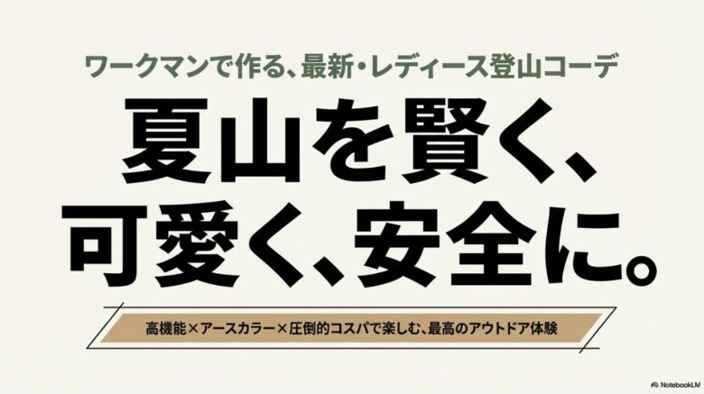 夏山登山を賢く、可愛く、安全に楽しむためのワークマン最新レディースコーディネートのイメージスライド