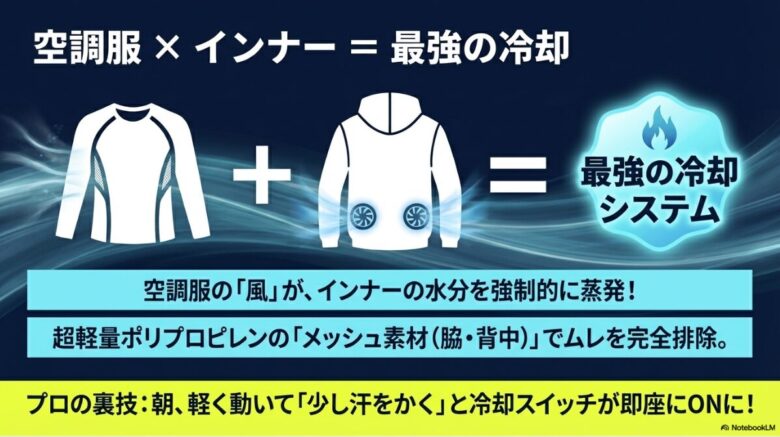 空調服の風でインナーの水分を強制蒸発させる仕組みと、ムレを防ぐメッシュ素材、冷却効率を上げるプロの裏技を紹介するスライド