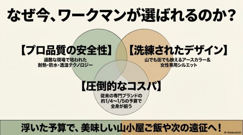 プロ品質の安全性、洗練されたデザイン、圧倒的なコスパの3軸でワークマンの魅力を解説するまとめスライド
