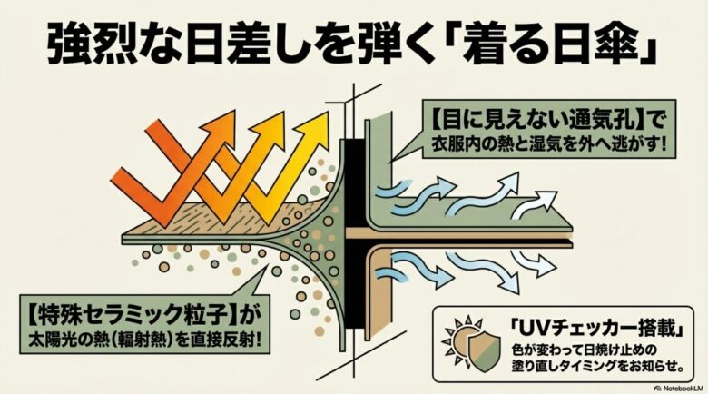 特殊セラミック粒子が輻射熱を反射し、目に見えない通気孔が熱と湿気を逃がすXShelter暑熱Ωの仕組み解説図