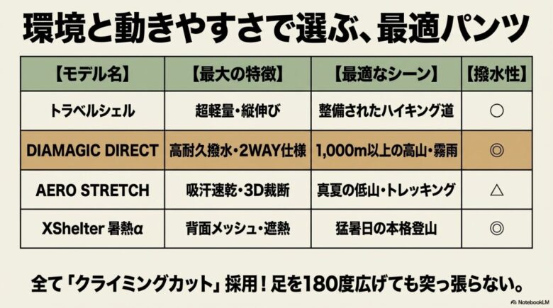 トラベルシェル、DIAMAGIC DIRECT、AERO STRETCH、XShelter暑熱αの4モデルの機能・最適シーン比較表