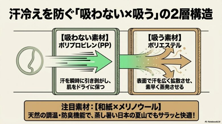 ポリプロピレンとポリエステルの2層構造による吸汗速乾メカニズムと、和紙・メリノウールのハイブリッド素材の解説スライド