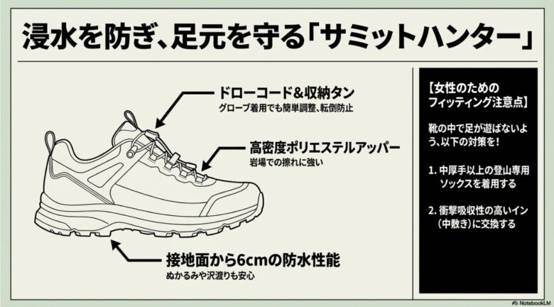 接地面から6cmの防水性能、ドローコード調整、高密度ポリエステルアッパーを備えた登山靴サミットハンターの構造図