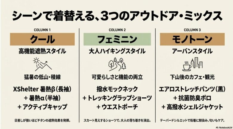 高機能遮熱クールスタイル、大人ハイキングフェミニンスタイル、モノトーンアーバンスタイルの3つのコーディネート例