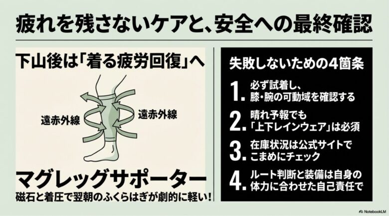 磁石と着圧によるマグレッグサポーターの効果と、失敗しないための登山安全確認4箇条のまとめ図 
