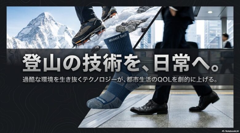 「登山の技術を、日常へ。過酷な環境を生き抜くテクノロジーが、都市生活のQOLを劇的に上げる」というコンセプトスライド
