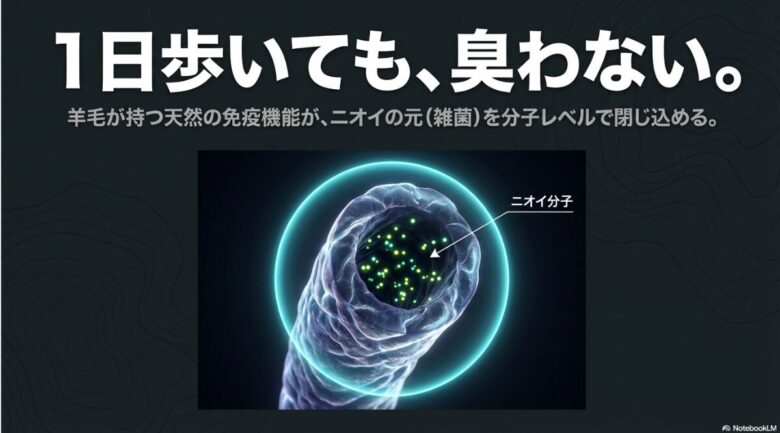 羊毛の天然免疫機能がニオイ分子（雑菌）を分子レベルで閉じ込める様子を表現した顕微鏡イメージ図
