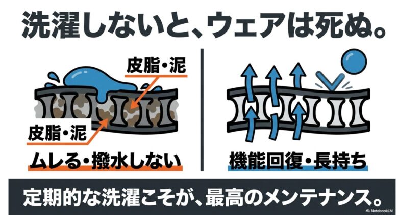皮脂や泥汚れによる機能低下を防ぎ、定期的な洗濯で撥水性や透湿性を回復・維持するイメージ図
