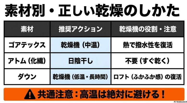 乾燥機（中温）で撥水性を復活させるゴアテックス、日陰干しのアトム、低温乾燥機でロフトを戻すダウンの比較表