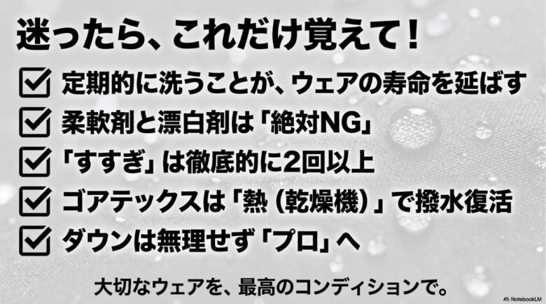 定期的な洗濯、柔軟剤NG、徹底したすすぎ、乾燥機による撥水復活など、ウェアを長持ちさせるための要約チェックリスト