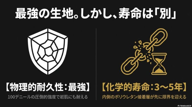 100デニールの圧倒的な物理的強度を持つ一方で、内側のポリウレタン接着層の化学的寿命は3年から5年であることを示す比較図。