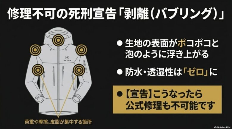 アルファSVの生地表面がポコポコと浮き上がる剥離現象と、荷重や摩擦、皮脂が集中しやすい肩や首元のチェックポイントを示したイラスト