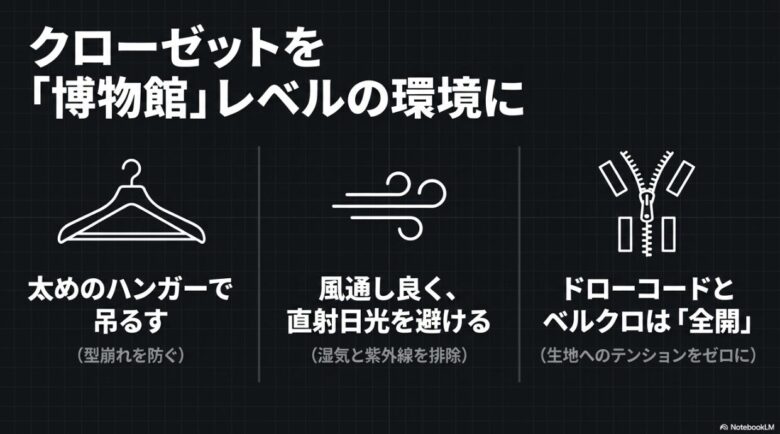太めのハンガーの使用、風通しの良さ、直射日光の回避、ドローコードとベルクロを全開にすることを示した保管環境のガイド図。