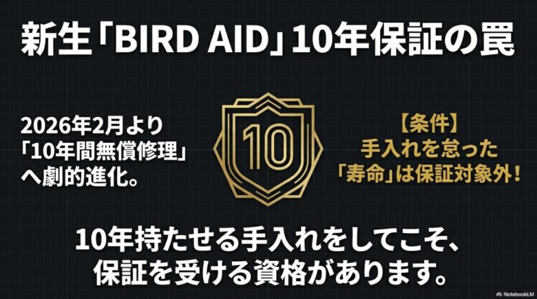 2026年2月から開始された10年間無償修理制度と、手入れを怠った場合の「寿命」は保証対象外になるという注意点を示す図。