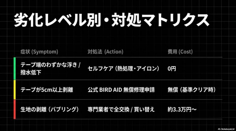 テープの浮き、剥離、バブリングといった症状に応じた対処法（セルフケア、無償修理、全交換）と費用の目安をまとめたマトリクス図