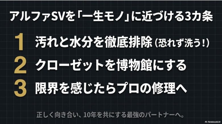 汚れと水分の排除、博物館レベルの保管、プロの修理活用という、10年を共にするための維持戦略のまとめスライド。
