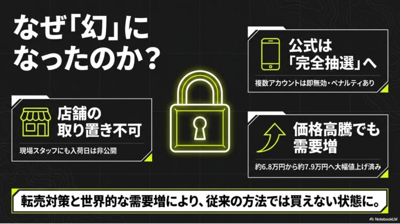 ベータLTが幻になった理由として、公式の完全抽選制、店舗での取り置き不可、入荷日の非公開、世界的な需要増と価格高騰を挙げた図解