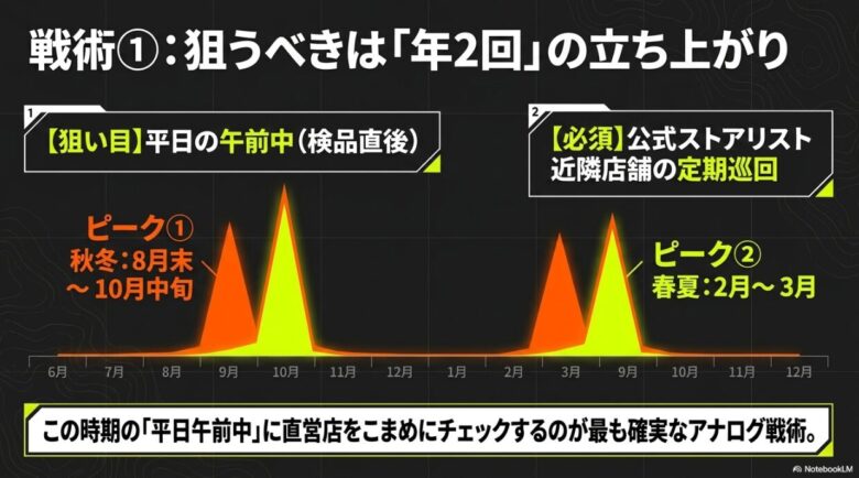 ベータLTの狙い目時期を示すグラフ。秋冬は8月末〜10月中旬、春夏は2月〜3月がピークであり、平日の午前中（検品直後）が狙い目であることを示す