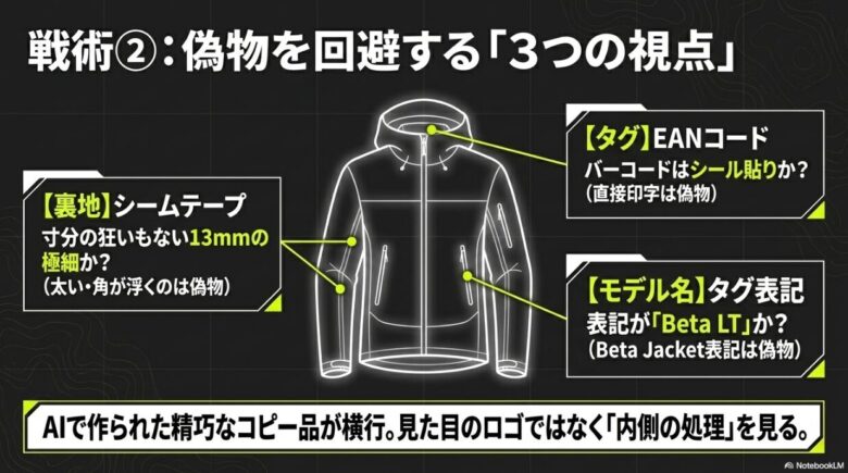 偽物対策のまとめ。EANコード（バーコード）がシールか、シームテープが13mmの極細か、タグのモデル名表記が正しいかを確認するポイントの図解