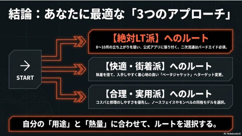 結論としての3つのアプローチ。絶対LT派、快適・街着派、合理・実用派のそれぞれのターゲットに合わせた推奨ルートのまとめ