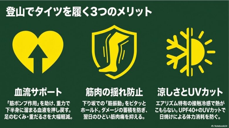 登山でタイツを履くメリットとして、血流サポート、筋肉の揺れ防止、涼しさとUVカットの3点を説明した図解