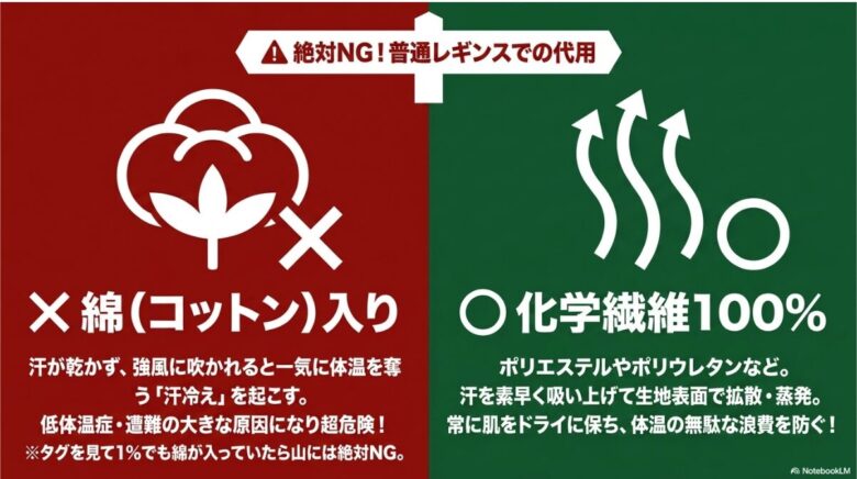 登山では綿（コットン）入りのレギンスは汗冷えを起こし危険なため絶対NGであり、ポリエステルなどの化学繊維100%を選ぶべきという注意喚起