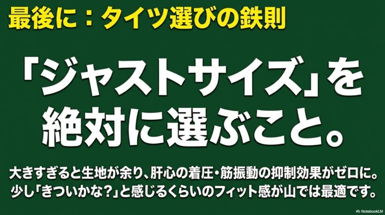 タイツ選びではジャストサイズを絶対に選ぶべきであり、大きすぎると着圧効果がゼロになるという解説