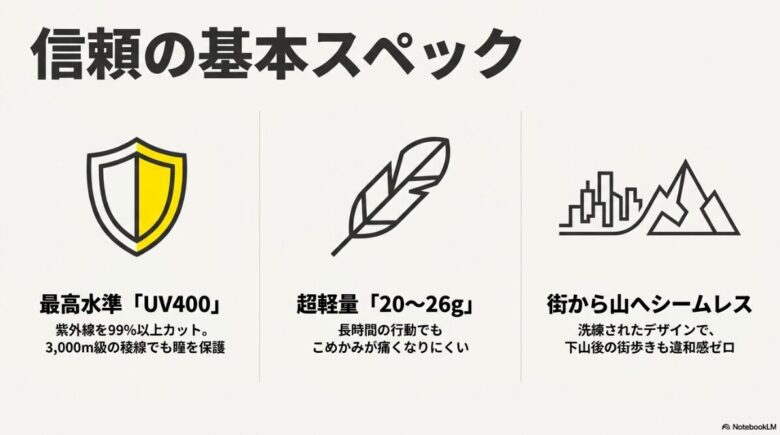 最高水準UV400、20〜26gの超軽量設計、街から山までシームレスに使えるデザイン性を紹介する基本スペックのスライド