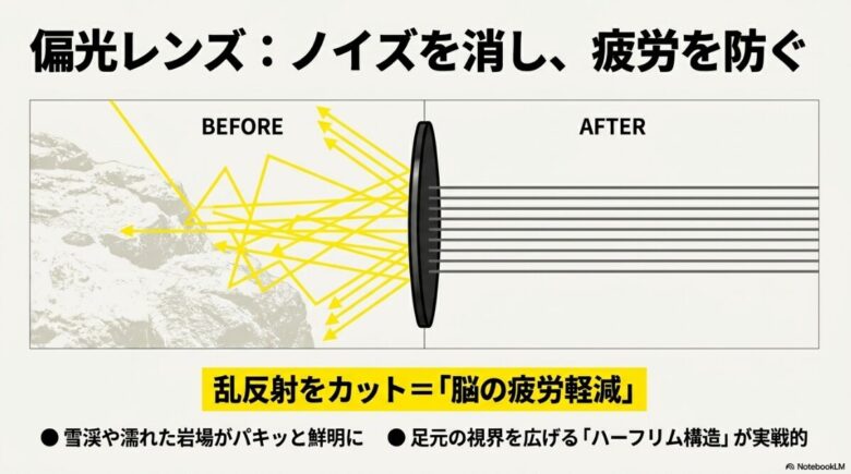 乱反射をカットし、雪渓や濡れた岩場が鮮明に見える仕組みと、足元の視界を広げるハーフリム構造を解説したスライド