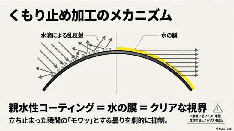 水滴による乱反射を防ぎ、水の膜を作ることでクリアな視界を確保する親水性コーティングの原理を説明した図解スライド