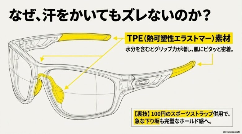 汗を吸うとグリップ力が増すTPE素材の説明と、100円のスポーツストラップを併用する裏技を提案するスライド