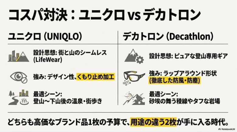 デザイン性のユニクロと、防風・防塵重視のデカトロン、それぞれの設計思想と最適シーンを比較した表形式のスライド