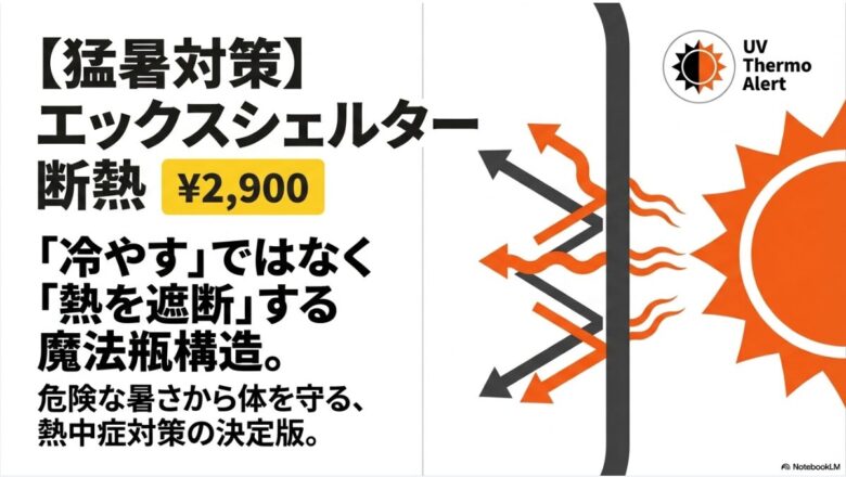 エックスシェルター（2900円）の断熱機能を解説するスライド。「熱を遮断する魔法瓶構造」という説明とUVアラート機能を記載。