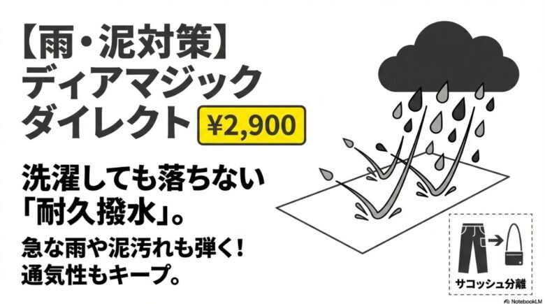 ディアマジックダイレクト（2900円）の耐久撥水機能を紹介するスライド。洗濯しても落ちない撥水性とサコッシュ分離機能の解説。