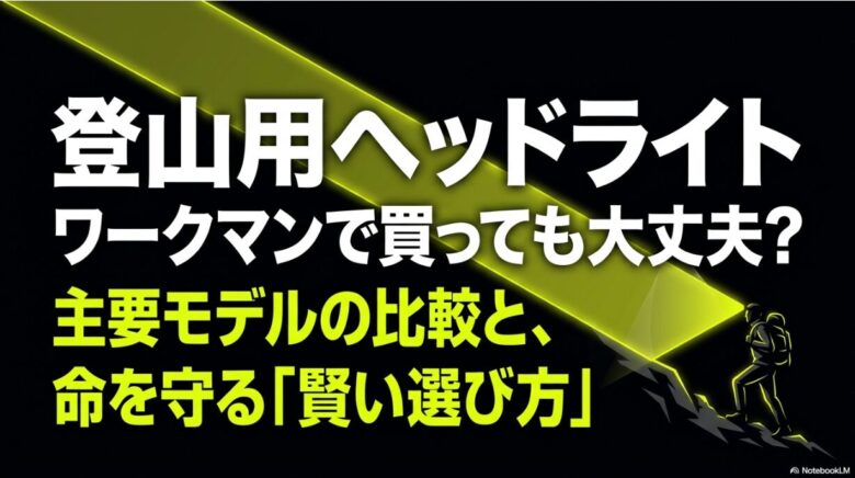 登山用ヘッドライトの結論として、ワークマン製品はサブ機(予備)に最適であり、メイン機は登山専用ブランドを推奨することを説明するスライド