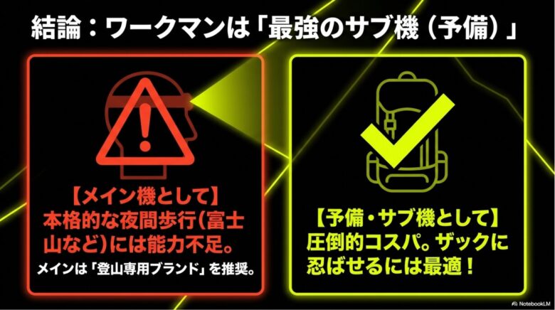 ワークマンのヘッドライトはジェントスやコンテックなどの外部メーカー製品が中心であることを解説するスライド