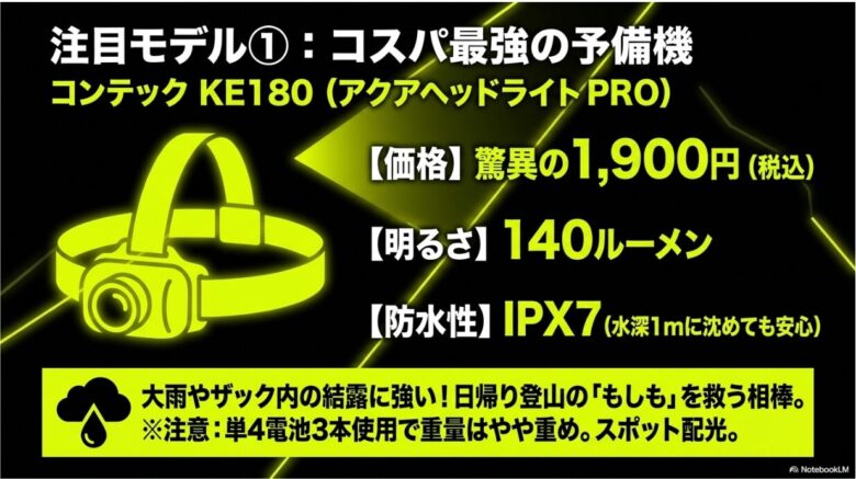 1,900円でIPX7の防水性能を持つコンテックKE180のスペック(140ルーメン、単4電池3本使用)を紹介するスライド