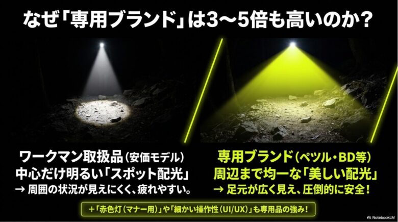 中心だけが明るいスポット配光と、周辺まで均一に明るい専用ブランドの配光の違いを比較し、安全性の差を説明するスライド