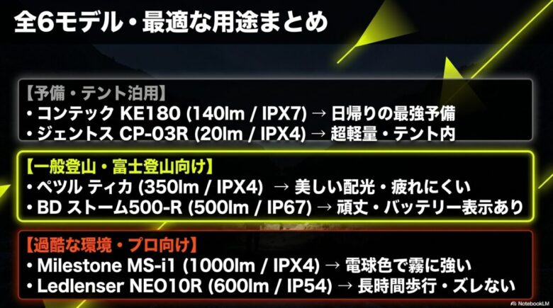 コンテック、ジェントス、ペツル、ブラックダイヤモンド、マイルストーン、レッドレンザーの6モデルの用途別まとめスライド