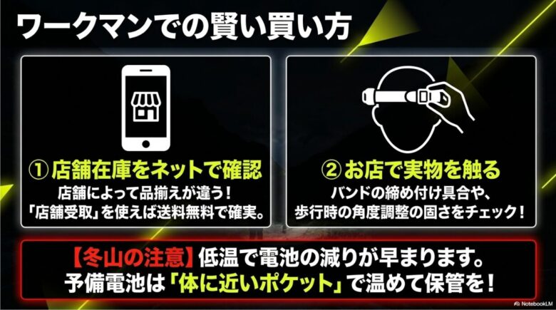 店舗在庫のネット確認、実物での角度調整チェック、冬場の電池保管の注意点を説明するスライド