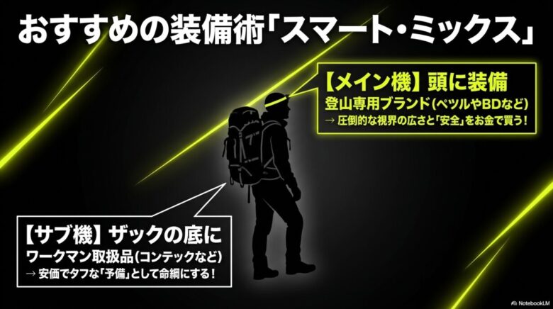 頭には登山専用ブランド、ザックにはワークマン取扱の予備機を備える「スマート・ミックス」装備術を図解したスライド