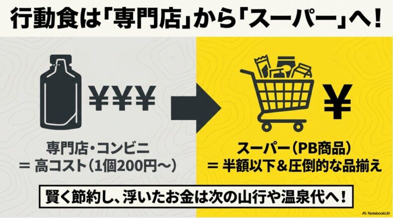 専門店やコンビニでは1個200円以上の行動食が、スーパーのプライベートブランドなら半額以下で品揃えも豊富であることを示す比較図