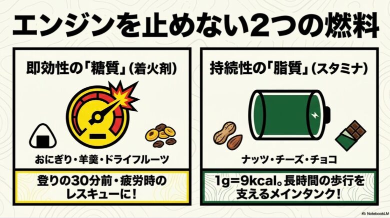登りの30分前に適した即効性の糖質(おにぎり・羊羹等)と、長時間を支える持続性の脂質(ナッツ・チーズ等)の役割解説