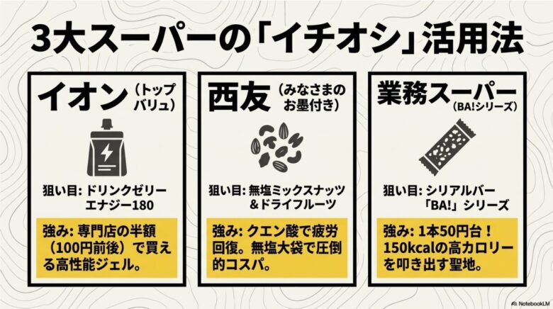 イオンのゼリー、西友のミックスナッツ、業務スーパーのシリアルバーの強みをまとめた活用法一覧