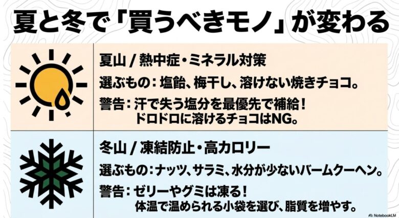 夏山のミネラル対策(塩飴・梅干し)と、冬山の凍結防止・高カロリー対策(脂質重視・水分少なめ)のポイント比較 。