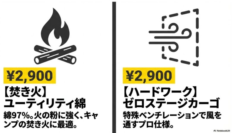 ユーティリティ綿（2900円）の焚き火対応機能と、ゼロステージカーゴ（2900円）の通気性能を解説したスライド。