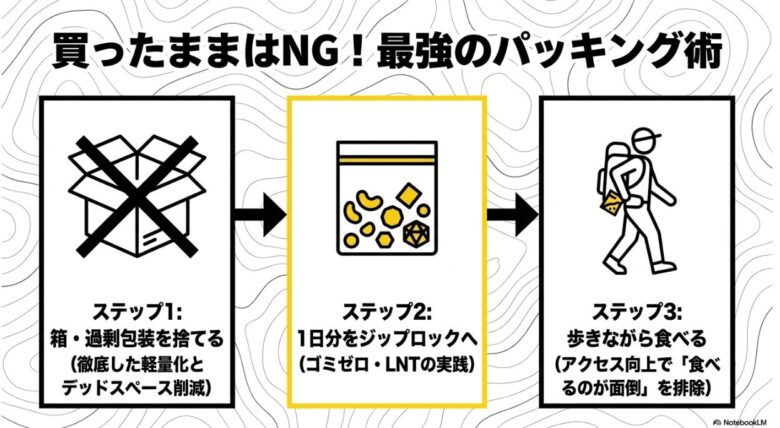 箱を捨て、1日分をジップロックに小分けし、歩きながら食べやすくする3ステップのパッキング法 。