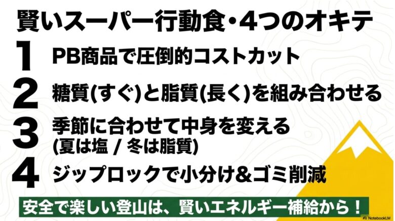 PB活用、栄養バランス、季節対策、小分けパッキングという、本記事の重要ポイントをまとめた最終スライド