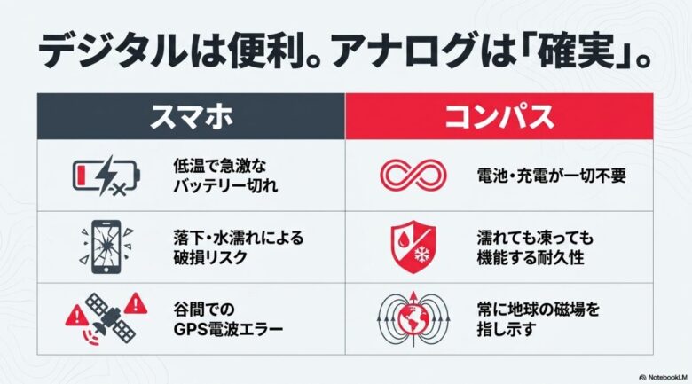 スマホとコンパスの比較表。スマホは低温でのバッテリー切れや破損リスク、電波エラーがある一方、コンパスは電池不要で耐久性が高く、常に磁場を指し示すことを説明している。