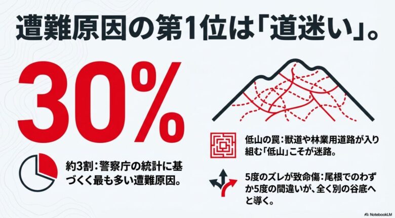遭難原因の約3割が道迷いであることを示すグラフと、獣道や林業用道路が入り組む低山の危険性、わずか5度のズレが致命傷になることを説明する図解